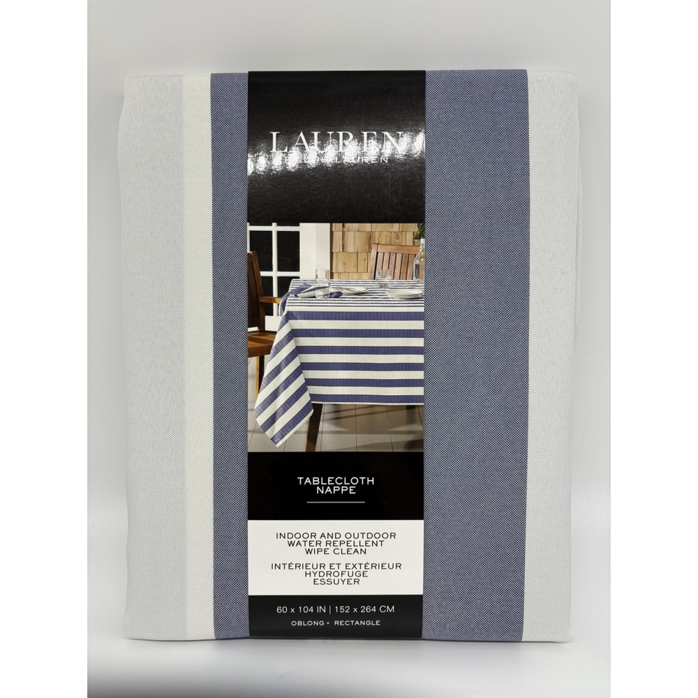 Lauren Ralph Lauren Stripe blue white Tablecloth Indoor/ Outdoor  60 X 104 New